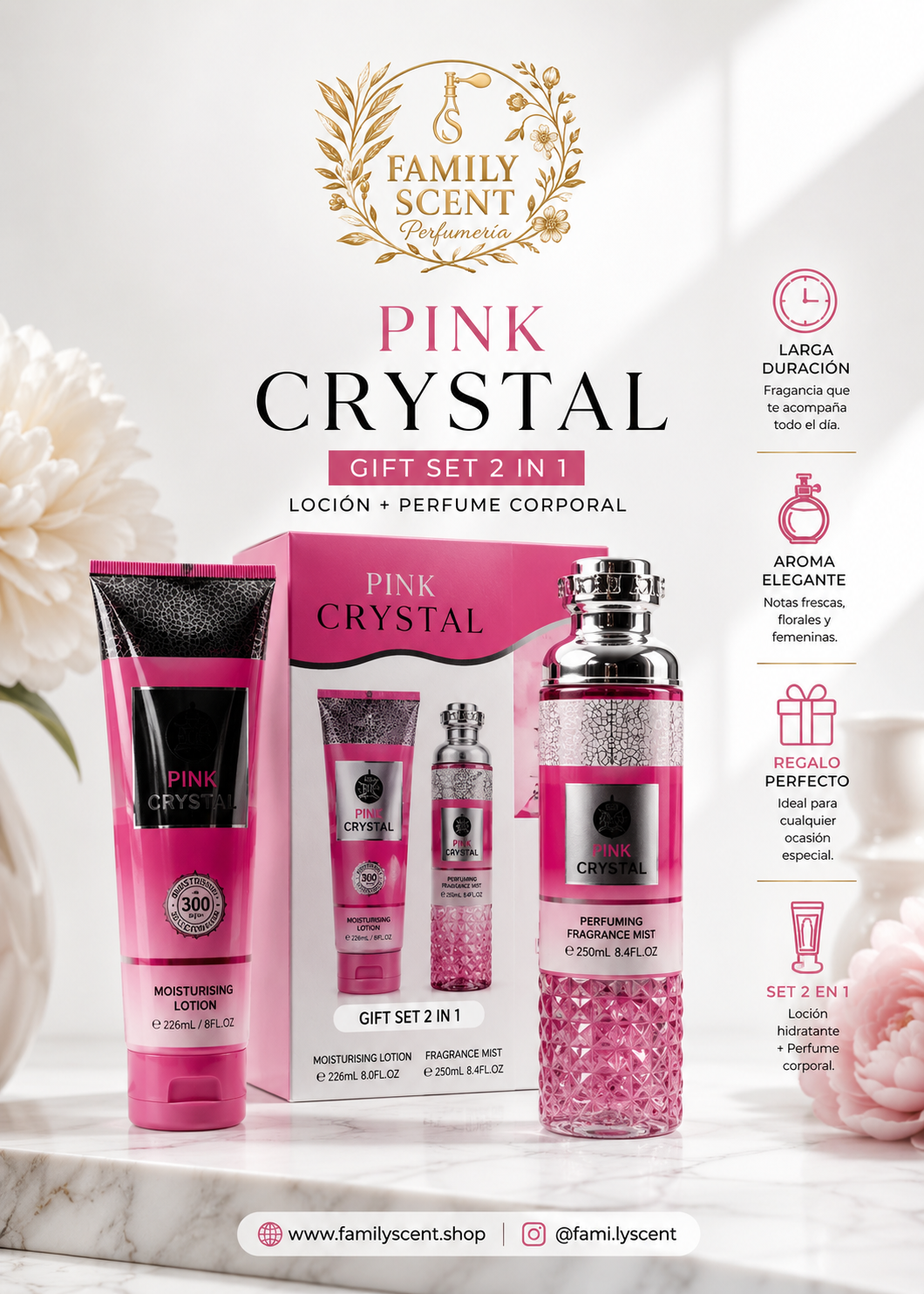 ESTUCHE DE REGALO DE BRUMA Y LOCIÓN FRAGANCIA PINK CRYSTAL 2 EN 1 - 250 ML (8,4 oz) DE MILESTONE