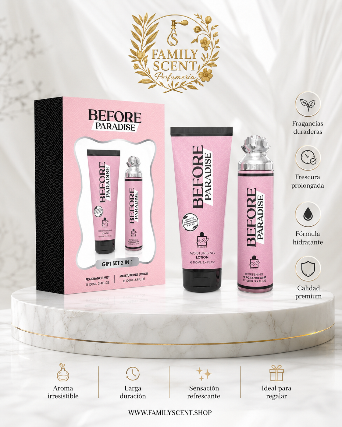 ESTUCHE DE REGALO 2 EN 1 DE BRUMA FRAGANCIA Y LOCIÓN BEFORE PARADISE -250 ML (8,4 oz) DE MILESTONE