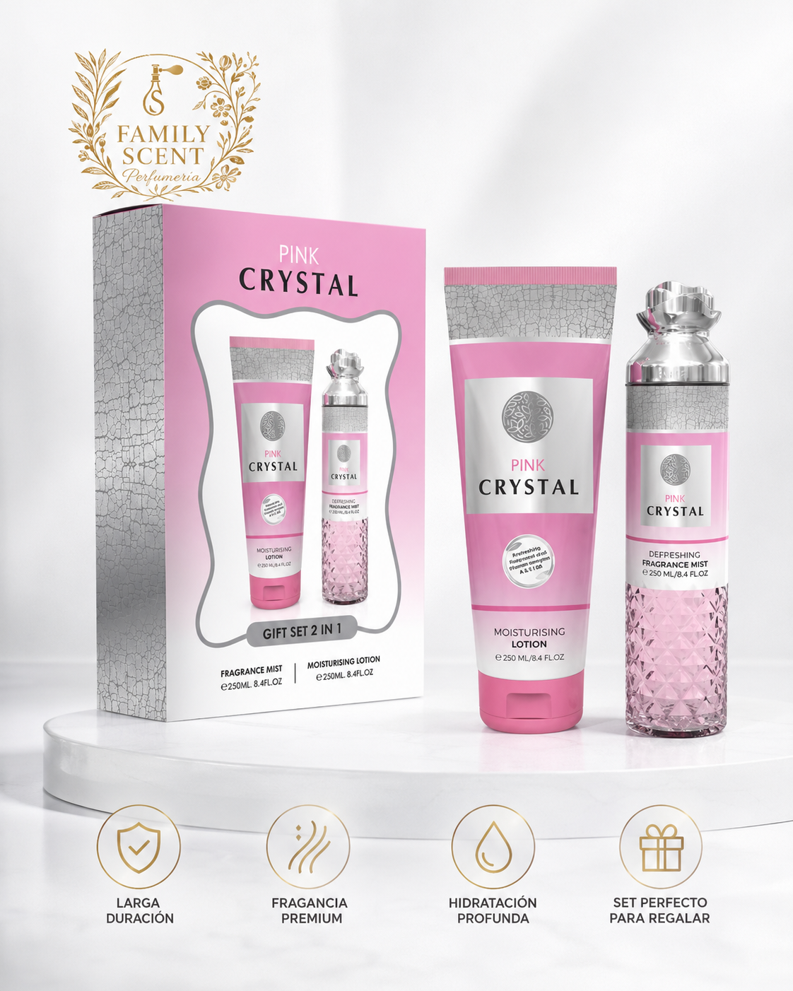 ESTUCHE DE REGALO DE BRUMA Y LOCIÓN FRAGANCIA PINK CRYSTAL 2 EN 1 - 250 ML (8,4 oz) DE MILESTONE