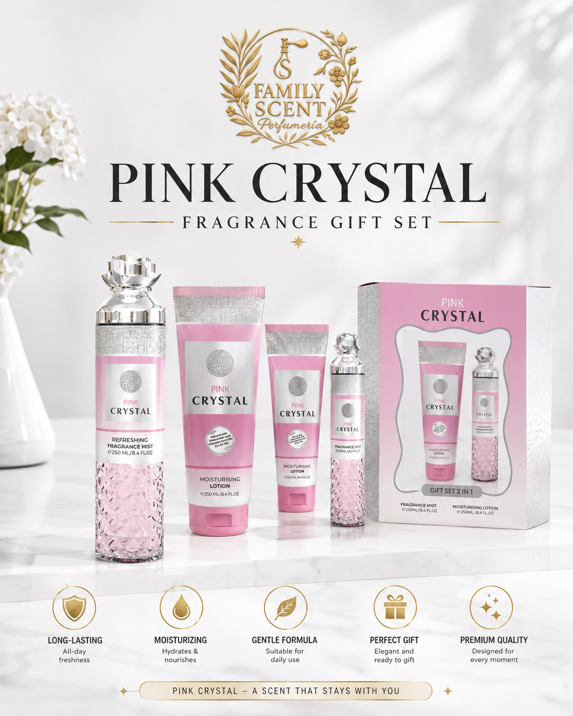 ESTUCHE DE REGALO DE BRUMA Y LOCIÓN FRAGANCIA PINK CRYSTAL 2 EN 1 - 250 ML (8,4 oz) DE MILESTONE